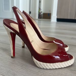 Christian Louboutin Red Leather Open Toe Straw Bottom Heels Pumps Sz. 39.5 EU